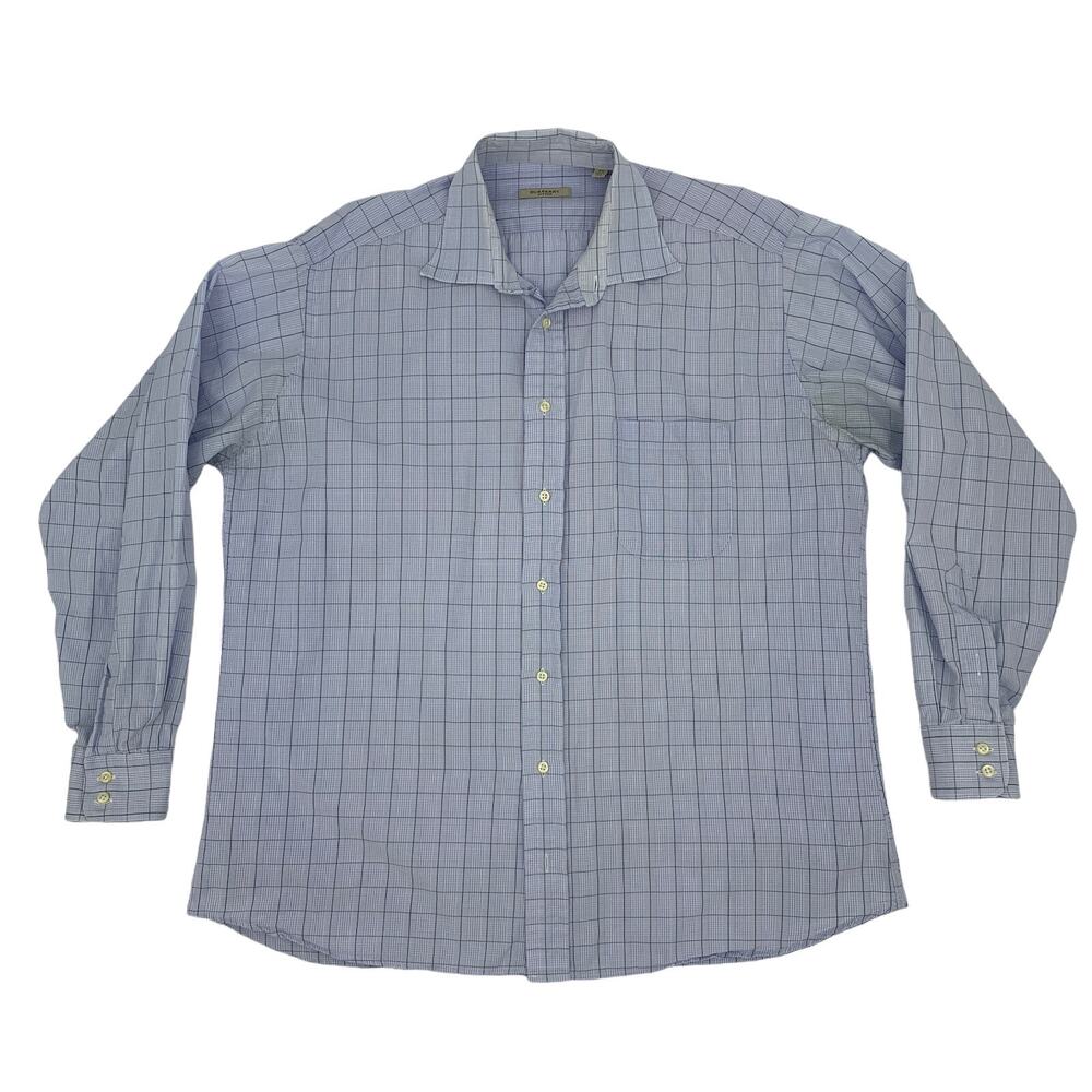 Vintage Burberry Shirt Mens 17 Blue Checkered Plaid Cotton Dress Made in USA